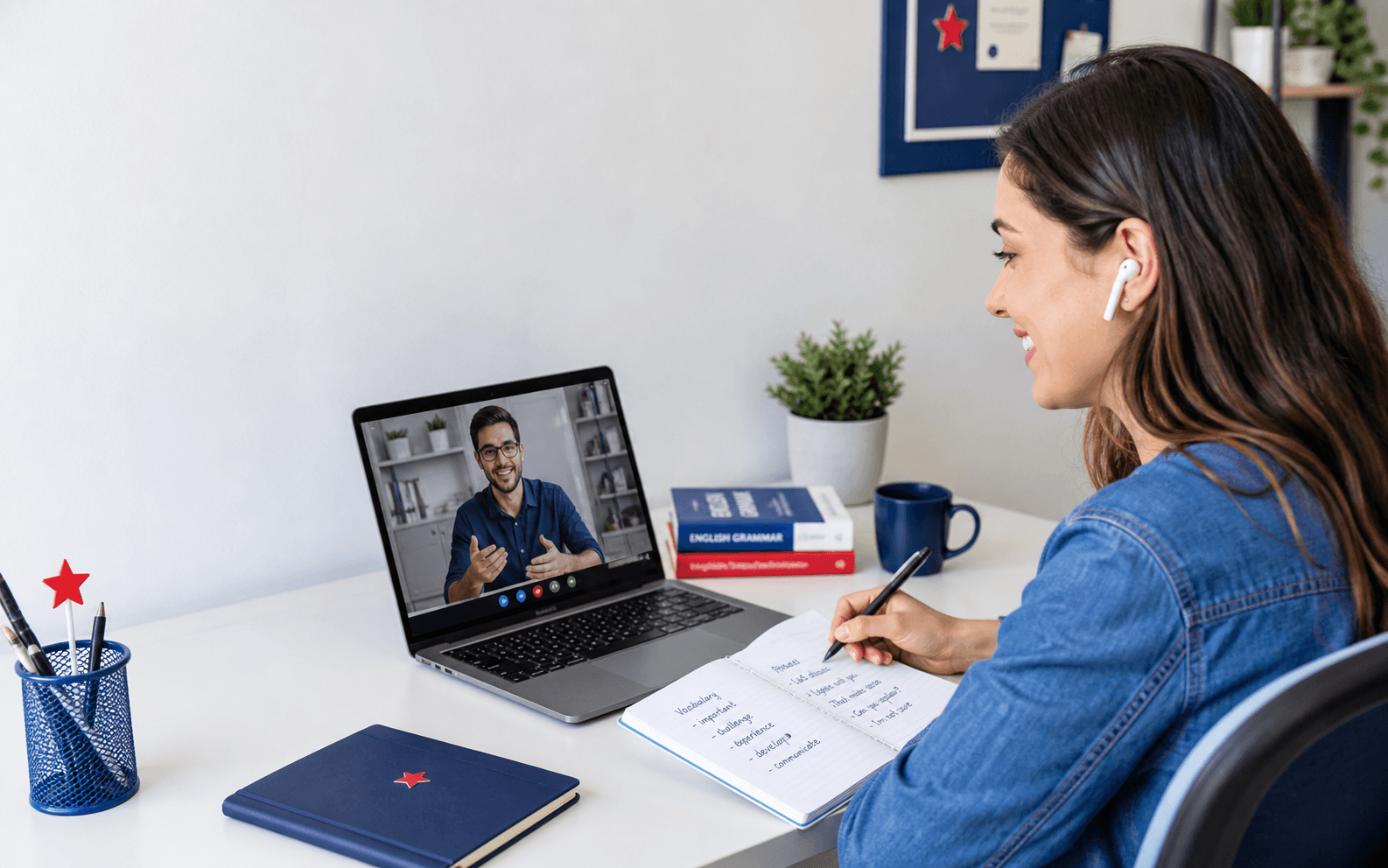 Aluna em aula de inglês online ao vivo